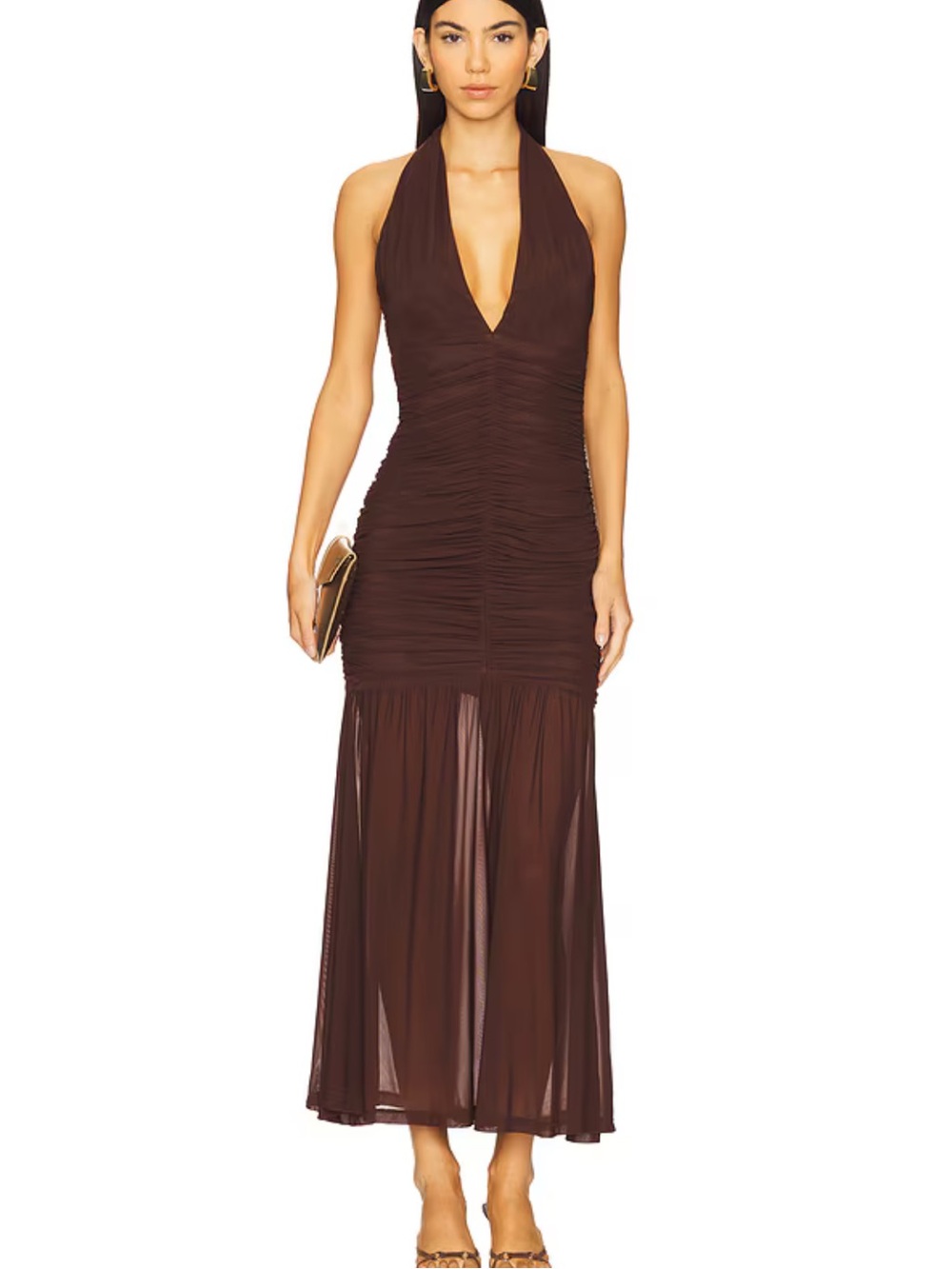 Bardot x REVOLVE Sephera Halter Mesh Midi Dress Chocolate brown Ruched Revolve S